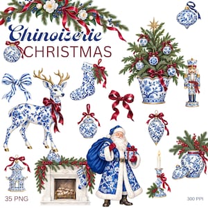 May include: A digital collection of Chinoiserie Christmas graphics featuring blue and white porcelain patterns on a deer, nutcracker, Santa Claus, ornaments, stockings, a fireplace, and a tree, with red ribbons and pine branches.