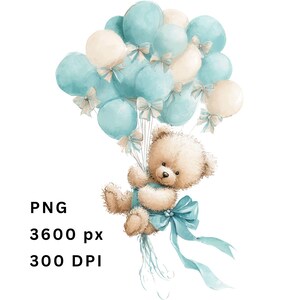 Clipart nounours menthe : aquarelle ballons, art baby shower