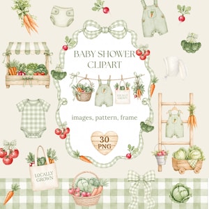 The image is a collection of baby shower items, including baby clothes, baby supplies, and vegetables, all set against a green and white checkered background.
