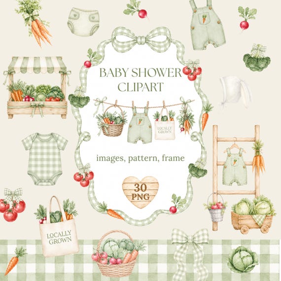 Locally Grown Baby Shower Clipart Bundle, Watercolor Boy Clothes Farmers Market PNG