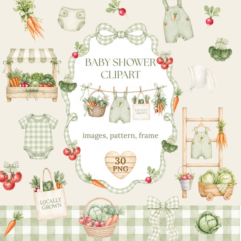 The image is a collection of baby shower items, including baby clothes, baby supplies, and vegetables, all set against a green and white checkered background.