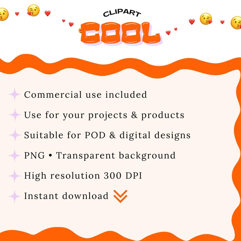 a list of features for a commercial use of the Clipart "Cool" image, including its suitability for POD and digital designs, a transparent background, a high resolution of 300DPI, and the ability to be instantly downloaded.