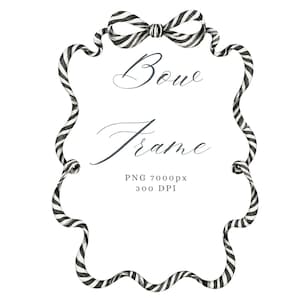 Peut inclure: Un cadre rectangulaire formé par un ruban rayé noir et blanc avec un nœud sur le dessus. Le texte à l'intérieur indique Bow Frame, PNG 7000px, 300 DPI. Le design présente des bords ondulés et une texture aquarelle sur tout le ruban.