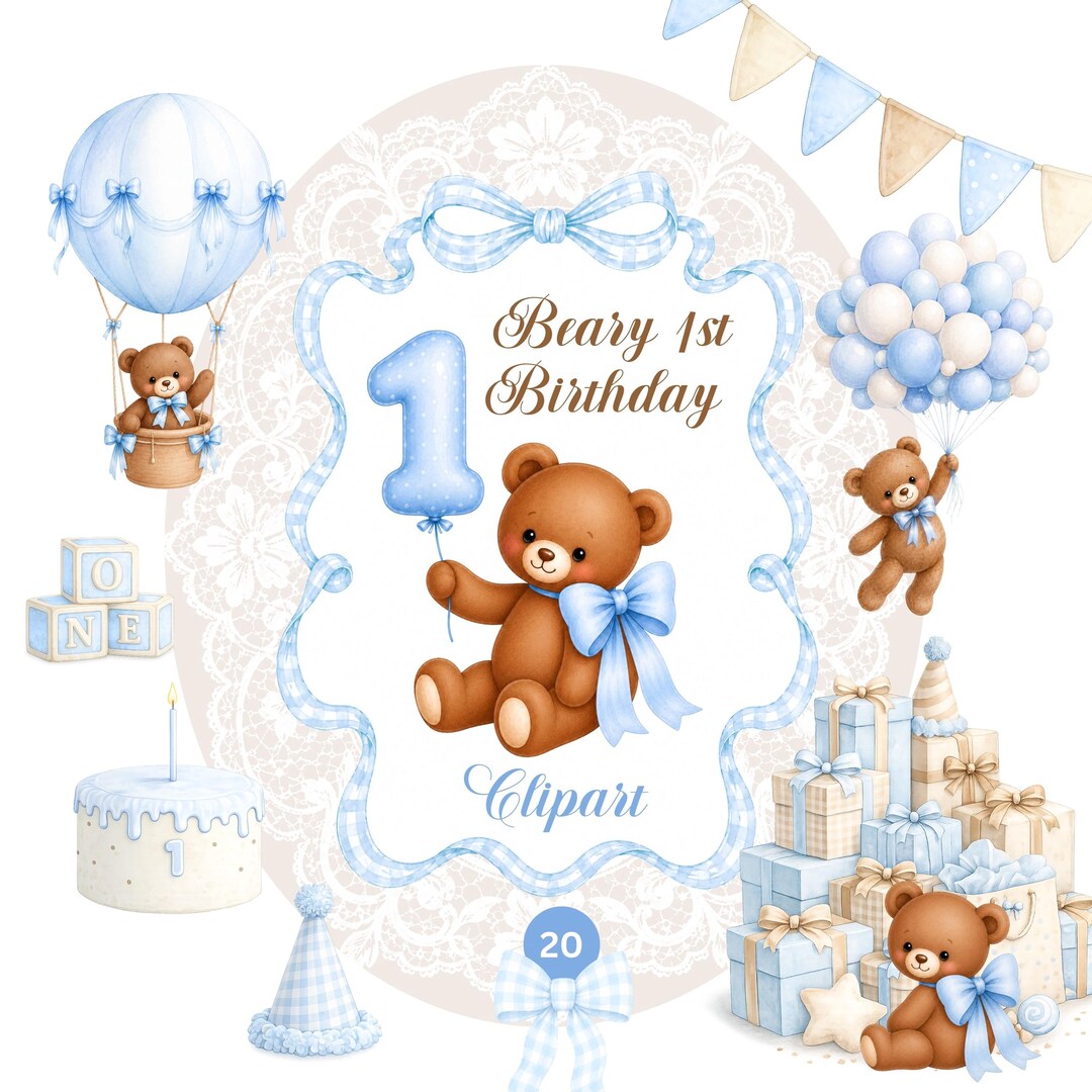 Beary First Birthday Boy Clipart Bundle, Blue Watercolor Teddy Bear PNG ...