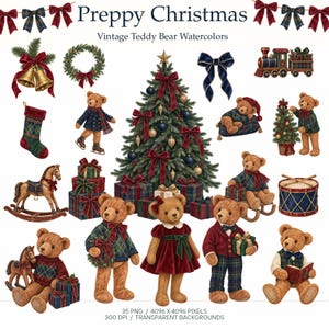 Preppy jul nallebjörn Clipart, vintage tartanbjörn PNG, gammal pengar jul akvarell, rutig semester Clipart