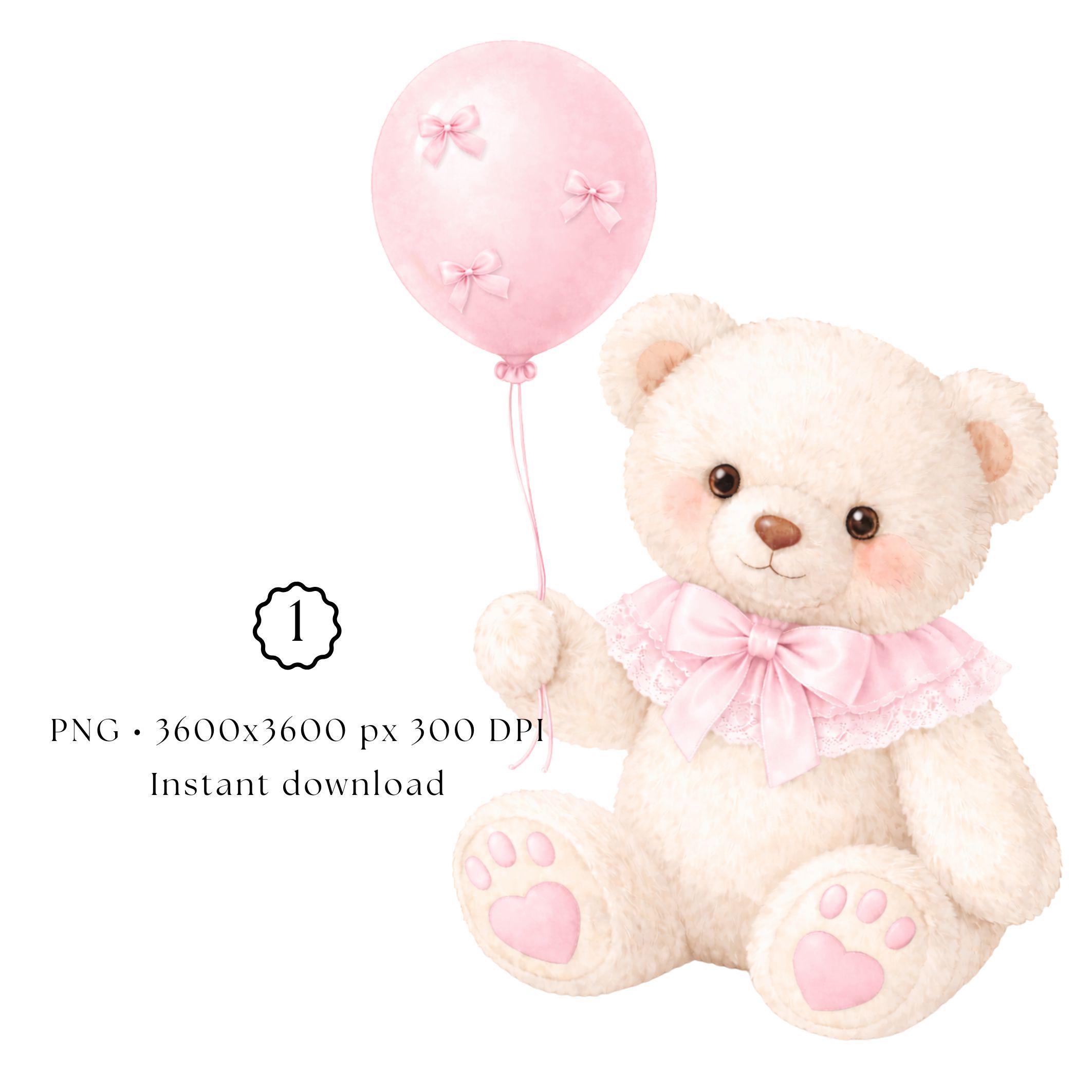 Teddy Bear Pink Balloon Bow Watercolor Clipart for Beary First Birthday ...