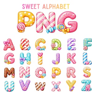 May include: A digital alphabet set titled SWEET ALPHABET PNG featuring letters A through Z designed with candy-themed textures, including sprinkles, stripes, polka dots, bows, and lollipops in a vibrant colour palette of pink, blue, yellow, and brown.
