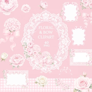 Op de afbeelding: Een digitale collectie van bloemen- en strik-clipart-elementen op een lichtroze achtergrond. De set bevat witte kanten frames, diverse illustraties van roze rozen, hortensiabossen en linten met de tekst Floral & Bow Clipart 40 PNG.
