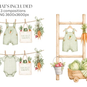 The image is a collage of three images depicting baby clothes, a ladder, and vegetables hanging on a line.