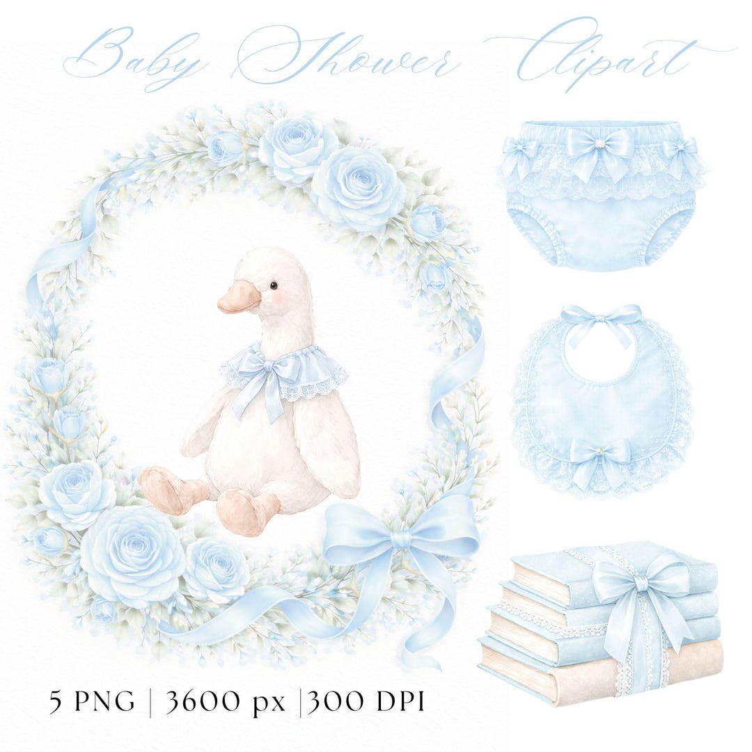 Plush Goose Baby Shower Clipart Bundle: Watercolor Flower Frame Bow ...