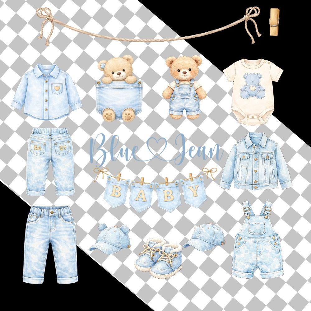 Blue Jean Baby Shower Clipart Set, Watercolor Denim PNG Digital ...
