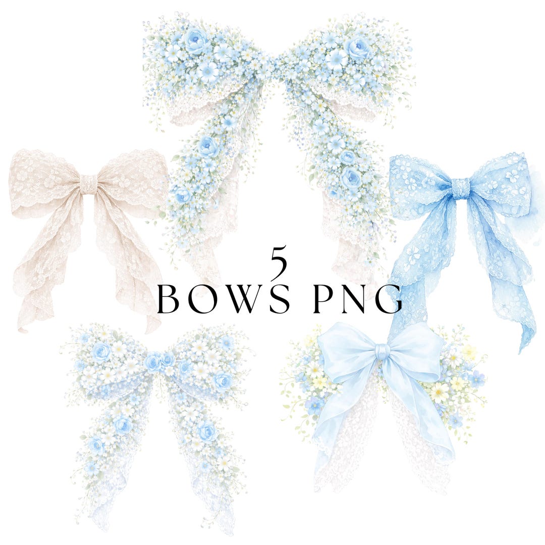 Coquette Floral Bow Clipart Set: Watercolor Blue Ribbon PNG - Etsy