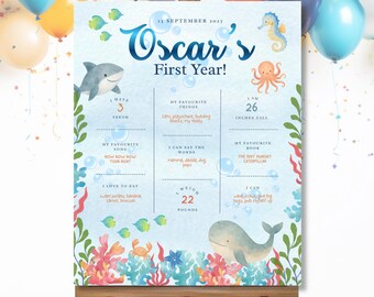 Oneder the Sea Milestone Poster, Under the Sea Milestone Board, Editable 1st Birthday Milestone Sign, Instant Download, Canva Template