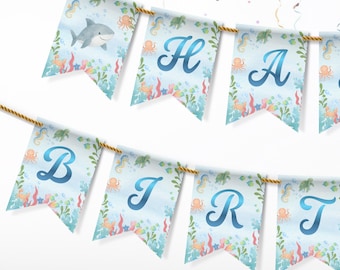 Oneder the Sea Happy Birthday Banner, Happy Birthday Bunting, Birthday Printable Banner, Under the Sea Birthday Banner, Edit with Canva