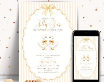 Two Silly Geese Baby Shower Invitation, Silly Goose Twin Baby Shower, Neutral Twin Baby Shower Invite, Twin Baby Shower, Instant Download