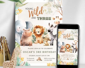 Young Wild and Three Birthday Invitation, Wild & Three Birthday Invite, 3rd Birthday Invitation, Wild and Free Safari Invite