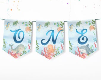 Oneder the Sea Highchair Banner, 1st Birthday Highchair Bunting, 1st Birthday Printable Banner, Under the Sea, Editable in Canva