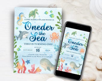 Oneder the Sea Birthday Invitation, Under the Sea Editable Template, 1st Birthday Invite,  Nautical Birthday Invitation, Digital Download