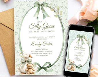 Silly Goose Baby Shower Invitation, Sage Green Baby Shower Invite, Neutral Baby Shower Invite, Baby Shower Evite, Instant Download, Canva