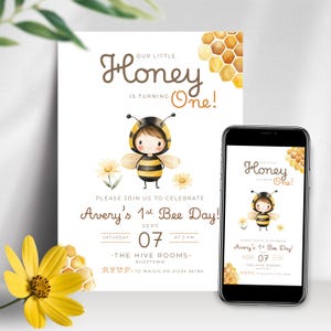 Biene zum 1. Geburtstagseinladung, Sweet To Bee One Geburtstag einladen, 1. Bienentag einladen, Bienentag-Party einladen, bearbeitbare Canva-Vorlage