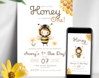Bee 1st Birthday Invitation, Sweet To Bee One Birthday Invite, 1st Bee Day Invitation, Bee Day Party Invite, Editable Canva Template