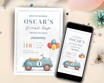 First Lap Birthday Invitation, First Lap Around the Track Invite, Vintage Car Birthday Invite, 1st Birthday Invitation, Digital Download