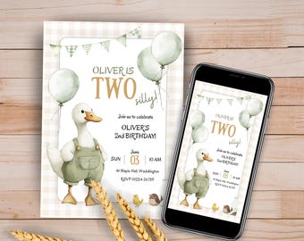 Two Silly Birthday Invitation, 2nd Birthday Goose Party Invite, Boys 2nd Birthday Invite, Editable Canva Invitation | Instant Download