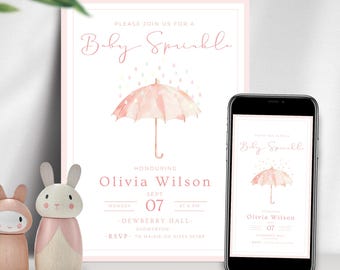 Pink Baby Sprinkle Invitation, Girl Baby Shower Invite, Umbrella Baby Sprinkle Invite, Printable Baby Shower Invite, Digital Invite
