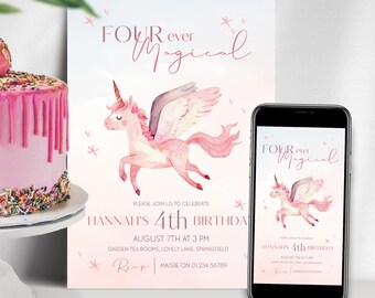 Four Ever Magical Birthday Invitation, Unicorn 4th Birthday Invite, Girl 4th Birthday Invite, Unicorn Digital Invite, Editable Canva Invite