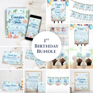 May include: A collection of under-the-sea themed party supplies for a first birthday. Includes invitations, a phone mockup, banners, cupcake toppers, and signs. The color scheme is blue, coral, and white, with illustrations of whales, sea turtles, and other marine life.