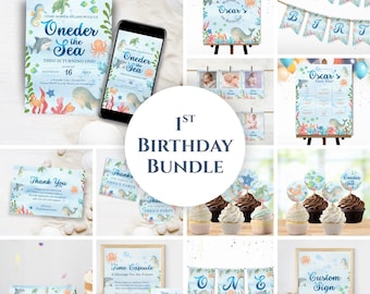 Oneder the Sea Birthday Invitation Bundle, Under the Sea Party Bundle, 1st Birthday Bundle,  1st Birthday Boy, Sea Party Decorations, Canva