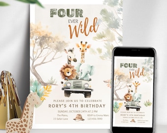 Four Ever Wild Birthday Invitation, Safari Birthday Invite, 4th Birthday Invitation, Four Ever Wild Safari Invite, Instant Download, Canva