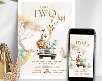 Two Wild Invitation, Two Wild Birthday Invite, 2nd Birthday Invitation, Two Wild Safari Invite, Two Wild Jungle Party Invitation,