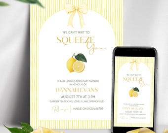 Lemon Baby Shower Invitation, We Can’t Wait to Squeeze You, Gender Neutral Citrus Baby Shower Invite, Editable Canva Template