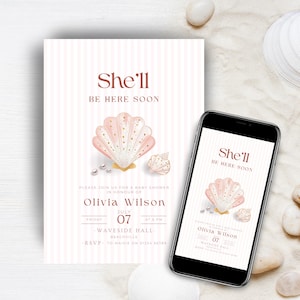 May include: Baby shower invitation with a seashell design. The invitation features a pink and white striped background, with the text "She'll Be Here Soon." The date and time are displayed, along with the name Olivia Wilson.