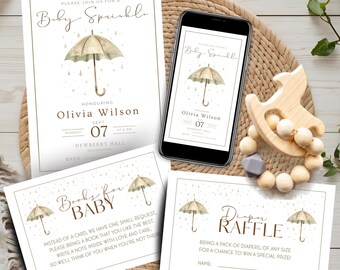 Baby Sprinkle Invitation Bundle, Neutral Baby Shower Invite Bundle, Umbrella Baby Sprinkle Invite, Diaper Raffle, Books for Baby, Canva