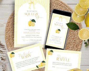 Lemon Baby Shower Invitation Bundle, We Can't Wait To Squeeze You Bundle, Citrus Baby Shower Invite, Diaper Raffle, Books for Baby, Canva
