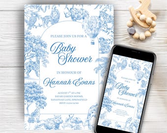 Blue Toile Safari Baby Shower Invitation Template | Blue Baby Shower Invite | Toile Boy Baby Shower Invite | Instant Download