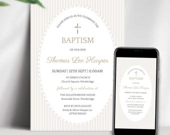 Neutral Baptism Invitation, Beige Stripe Christening Invite Template, Editable Boy Baptism Invite, Printable Christening Invite