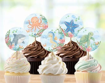 Oneder the Sea Cupcake Toppers, 1st Birthday Cupcake Topper Decorations, Under the Sea, Instant Download
