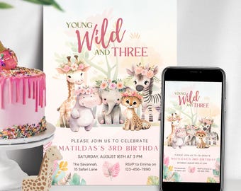Young Wild and Three Birthday Invitation, 3rd Birthday Invitation, Pink Safari Birthday Invite, Girl Safari Party Invite, Instant Download