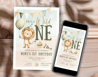 Wild One Birthday Invitation Template, Safari Themed Invitation, Printable 1st Birthday Invite, Safari Theme Birthday, Lion Invite