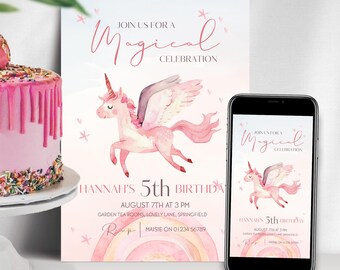 Unicorn Birthday Invitation, Rainbow Unicorn Any Age Birthday Invite, Rainbow Unicorn Birthday Invitation Girl, Pastel Unicorn Invite, Evite
