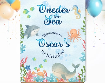 Oneder the Sea Birthday Welcome Sign, Under the Sea Welcome Sign, Editable 1st Birthday Welcome Sign, Instant Download, Canva Template