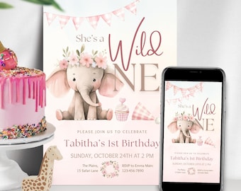Wild One Birthday Invitation, Girl Safari Themed Invitation, 1st Birthday Invite, Pink Elephant 1st Birthday, Instant Download, Editable
