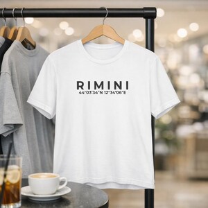 Rimini Italy T-Shirt with GPS Coordinates | Rimini Minimal T-shirt | Travel Shirt Unisex | Italian Streetwear | Summer Beach Tee