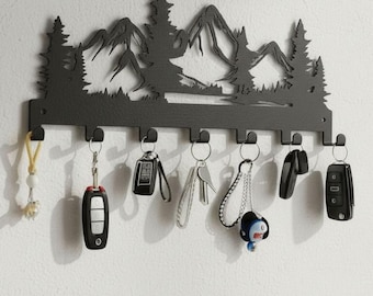 Rustikaler Schlüsselhalter aus Metall zur Wandmontage in den Bergen - Waldhütte Schlüssel- und Kleiderhakenleiste, Bauernhauseingangsorganizer, Einweihungspartygeschenk