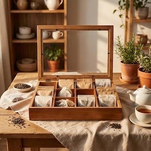 May include: A rectangular wooden tea storage box with a hinged glass lid and twelve internal compartments. The box contains various tea bags in paper packaging. The natural wood grain is visible on the frame and dividers of the organizer.