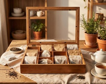 Wooden Tea Bag Storage Box with Clear Lid, 12 Compartment Tea Organizer, Tea Box Organizer for Kitchen, Coffee Bar, Pantry Decor