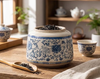 Blue White Tea Jar, Ceramic Tea Caddy, Loose Leaf Tea Storage, Porcelain Tea Canister, Tea Lover Gift, Kitchen Decor, Tea Container